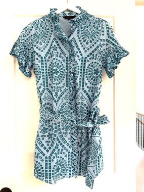 Teal Eyelet Ruffle Mini Dress with Self-Tie Waist